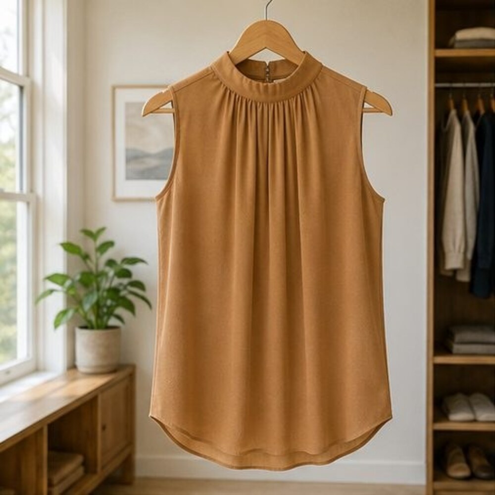 Camel Pleated High Neck Blouse